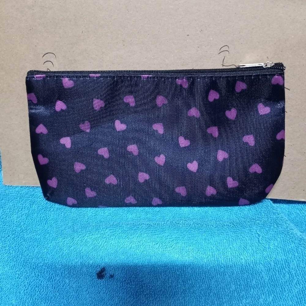Heart Patterned Black and Purple Women's Makeup Bag